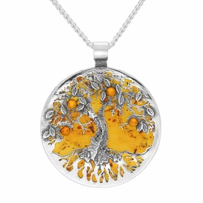 Sterling Silver Amber Large Round Tree Of Life Necklace