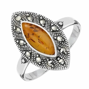 Sterling Silver Amber Marcasite Vintage Edge Marquise Ring