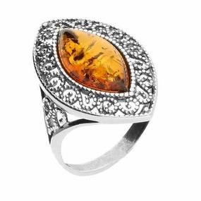 Sterling Silver Amber Marquise Cut Patterned Edge Ring