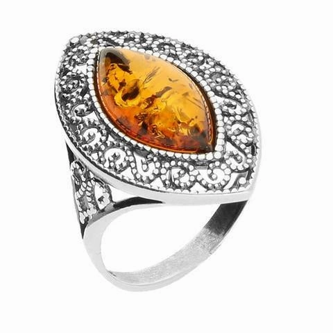 Sterling Silver Amber Marquise Cut Patterned Edge Ring