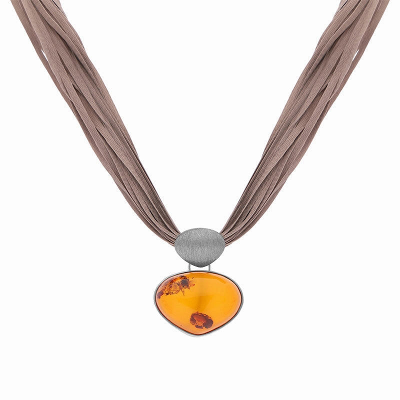 Sterling Silver Amber On Silk Necklace D
