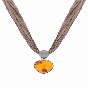 Sterling Silver Amber On Silk Necklace D