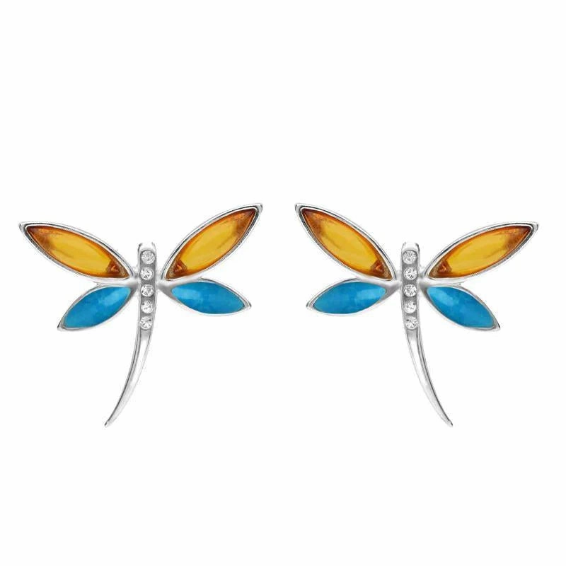 Sterling Silver Amber Turquoise Cubic Zirconia Dragonfly Drop Earrings