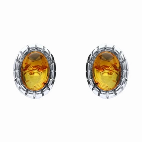 Sterling Silver Baltic Amber Oval Beaded Edge Small Stud Earrings