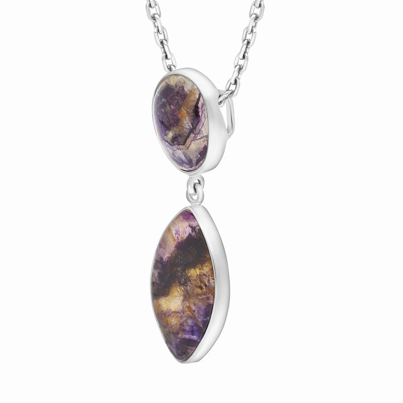 Sterling Silver Blue John 2 Stone Abstract Oval Drop Necklace D