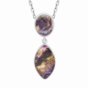 Sterling Silver Blue John 2 Stone Abstract Oval Drop Necklace D