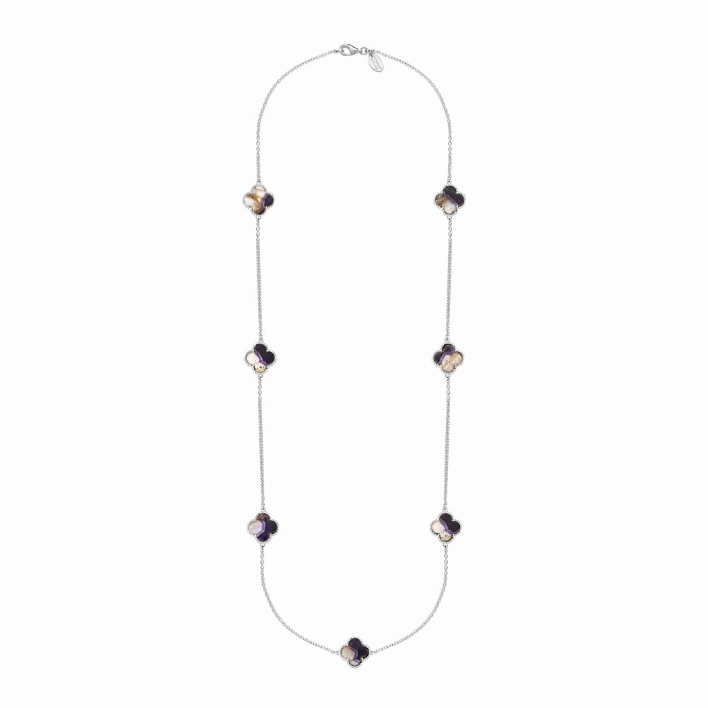 Sterling Silver Blue John Bloom Four Leaf Clover Ball Edge Long Necklace