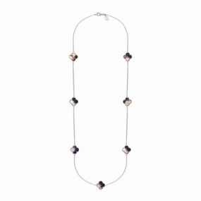 Sterling Silver Blue John Bloom Four Leaf Clover Ball Edge Long Necklace