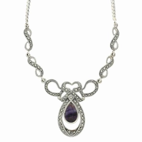 Sterling Silver Blue John Marcasite Drop Bow Twist Necklace