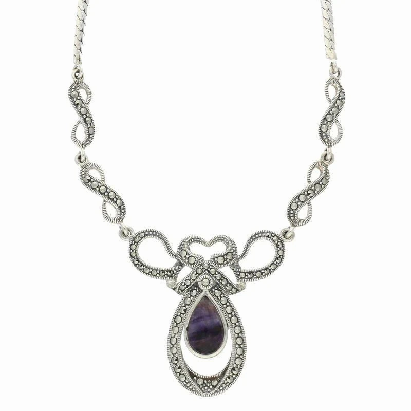 Sterling Silver Blue John Marcasite Drop Bow Twist Necklace