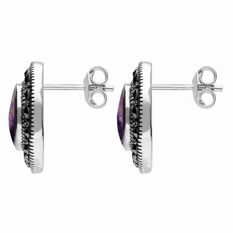 Sterling Silver Blue John Marcasite Round Beaded Edge Stud Earrings