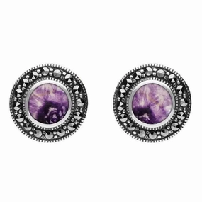 Sterling Silver Blue John Marcasite Round Beaded Edge Stud Earrings