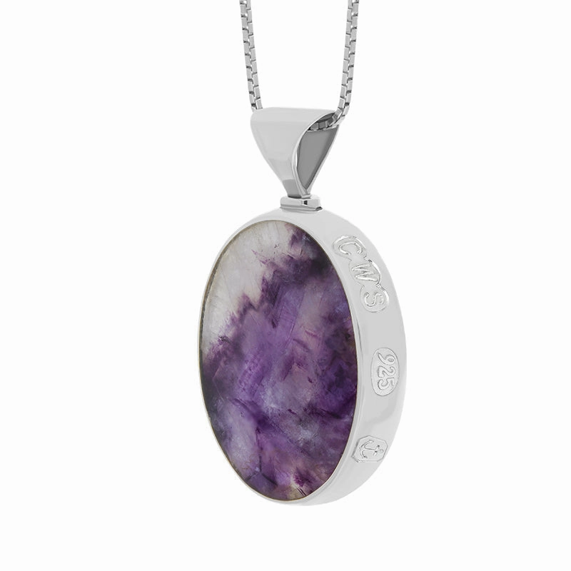 Sterling Silver Blue John Mother of Pearl King's Coronation Hallmark Double Sided Oval Necklace D