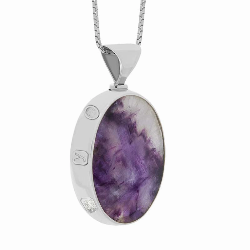 Sterling Silver Blue John Mother of Pearl King's Coronation Hallmark Double Sided Oval Necklace D