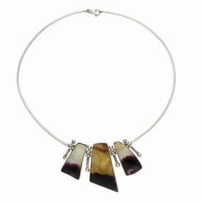 Sterling Silver Blue John Three Stone Bar Link Necklace
