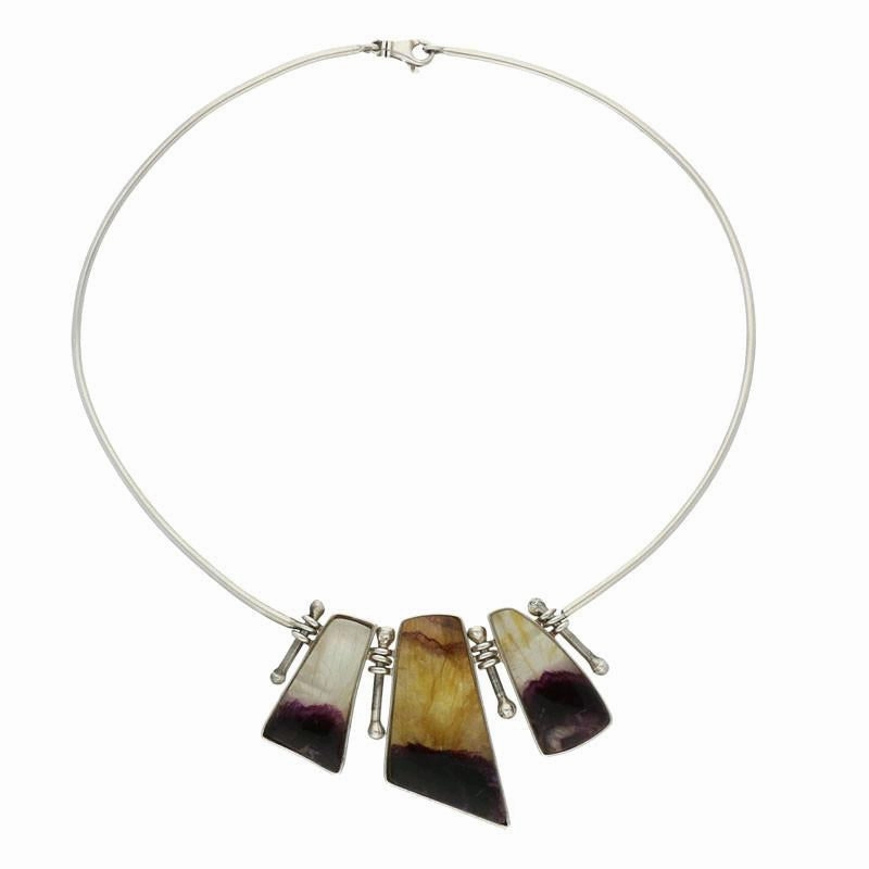 Sterling Silver Blue John Three Stone Bar Link Necklace