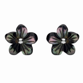 Sterling Silver Dark Mother of Pearl Tuberose 10mm Pansy Stud Earrings