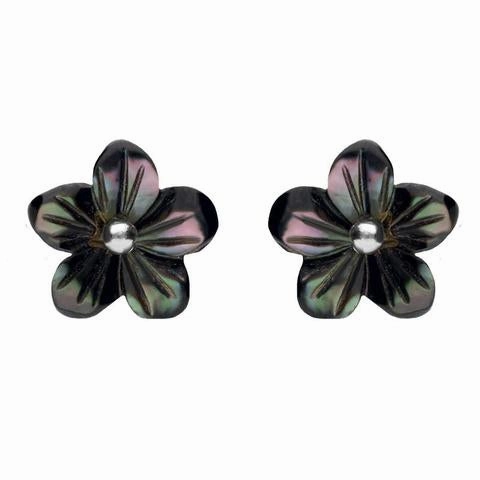 Sterling Silver Dark Mother of Pearl Tuberose 10mm Pansy Stud Earrings
