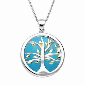 Sterling Silver Gold Plate Turquoise Medium Round Tree of Life Necklace