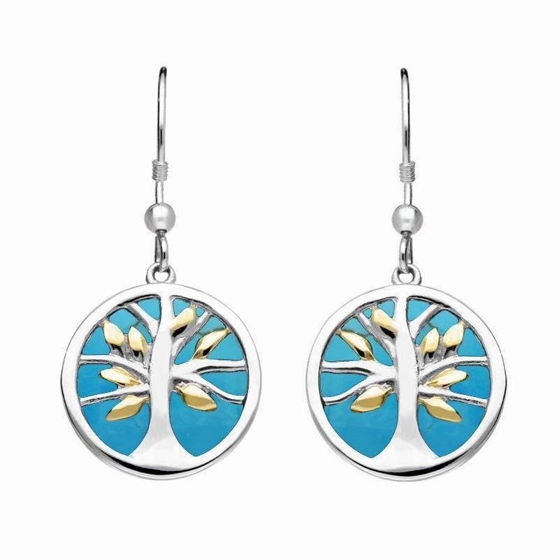Sterling Silver Gold Plate Turquoise Round Tree of Life Drop Earrings