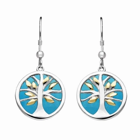 Sterling Silver Gold Plate Turquoise Round Tree of Life Drop Earrings