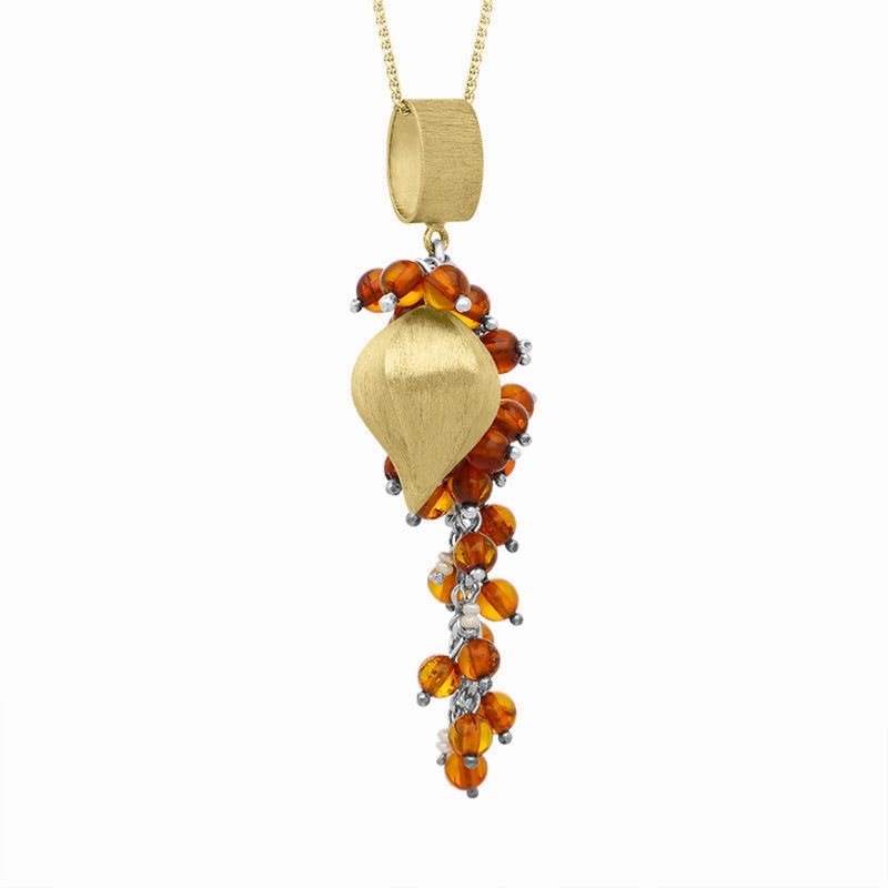 Sterling Silver Gold Plated Amber Freshwater Pearl Pendant Necklace D
