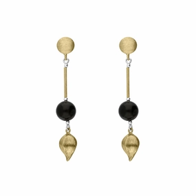 Sterling Silver Gold Plated Whitby Jet Bead Drop Earrings D