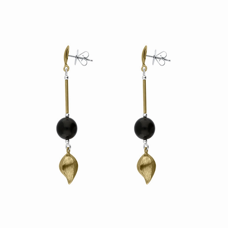 Sterling Silver Gold Plated Whitby Jet Bead Drop Earrings D