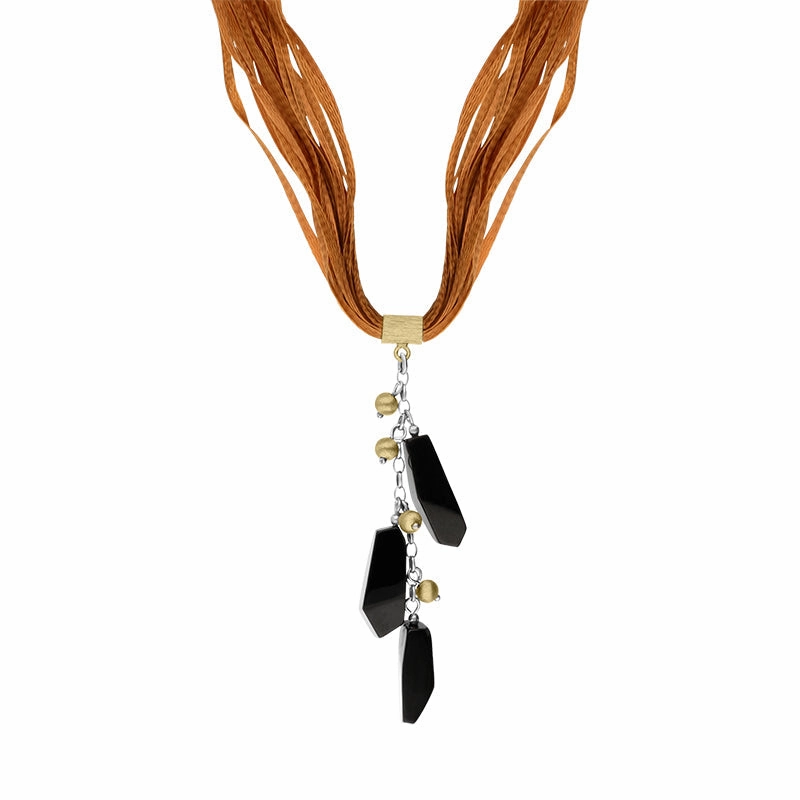 Sterling Silver Gold Plated Whitby Jet Multi-Silk Cord Necklace D