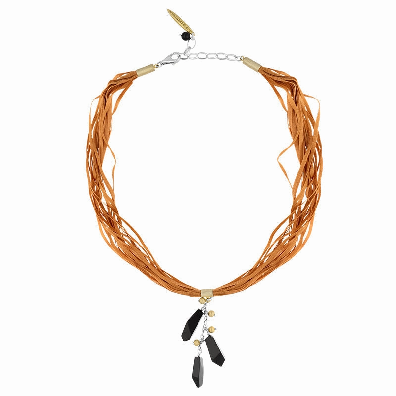 Sterling Silver Gold Plated Whitby Jet Multi-Silk Cord Necklace D
