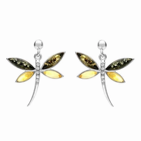 Sterling Silver Green Amber Cubic Zirconia Dragonfly Drop Earrings
