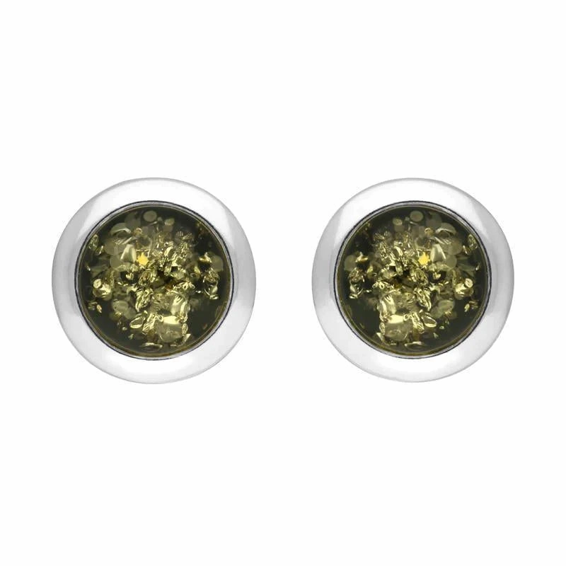 Sterling Silver Green Amber Ribbed Edge Stud Earrings