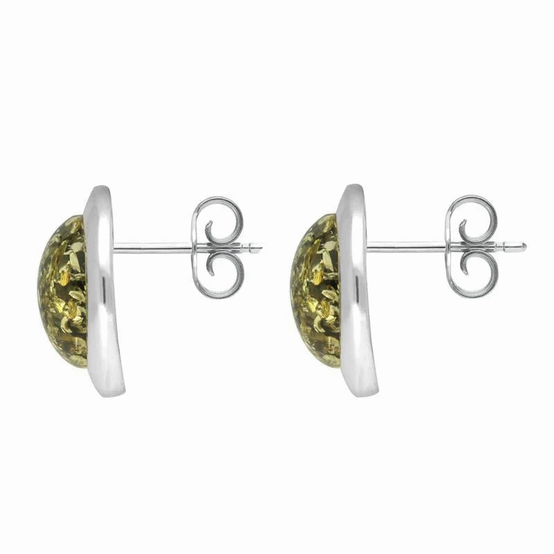 Sterling Silver Green Amber Ribbed Edge Stud Earrings