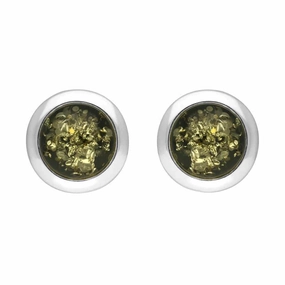 Sterling Silver Green Amber Ribbed Edge Stud Earrings