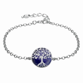 Sterling Silver Lapis Lazuli Round Tree of Life Chain Bracelet