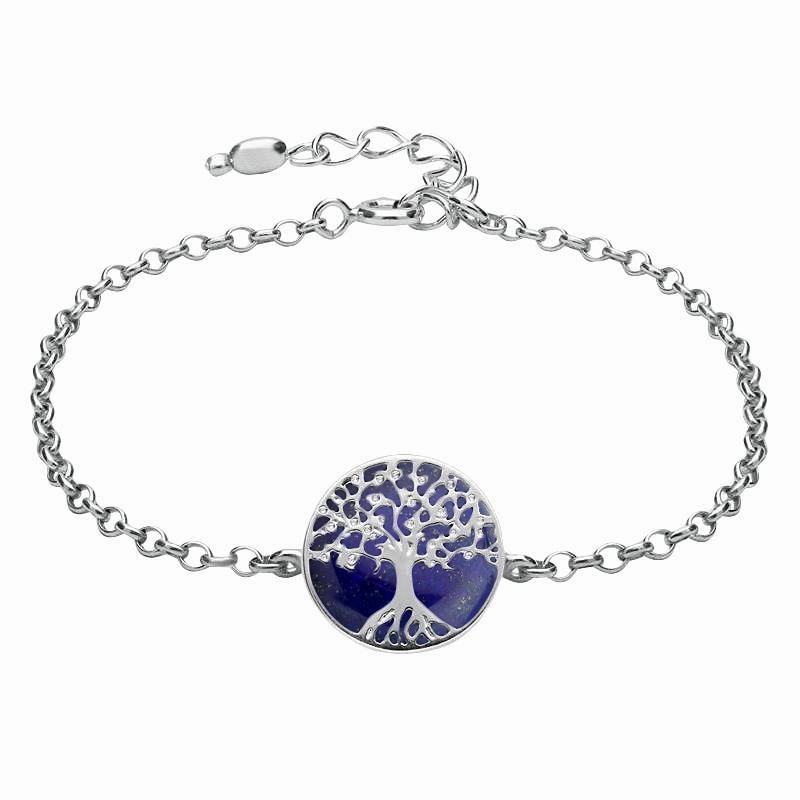 Sterling Silver Lapis Lazuli Round Tree of Life Chain Bracelet