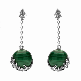 Sterling Silver Malachite Acanthus Leaf Round Chain Drop Earrings