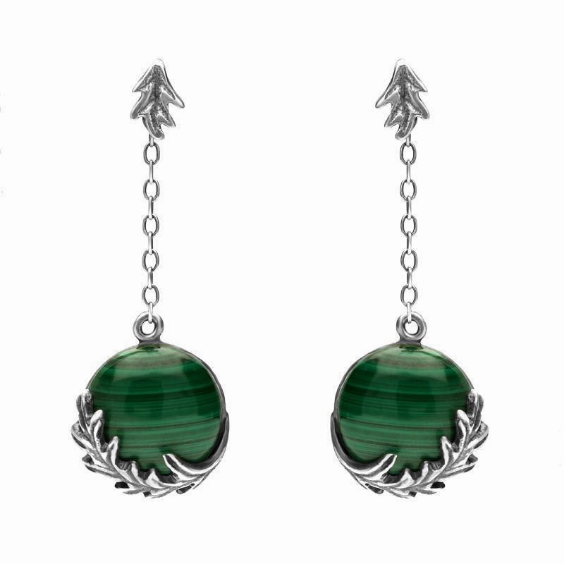 Sterling Silver Malachite Acanthus Leaf Round Chain Drop Earrings