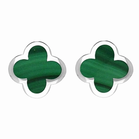 Sterling Silver Malachite Bloom Four Leaf Clover Stud Earrings