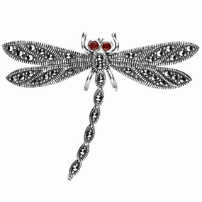 Sterling Silver Marcasite Garnet Style & Fashion Dragonfly Brooch