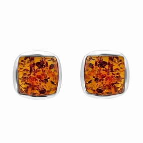 Sterling Silver Orange Amber Square Stud Earrings