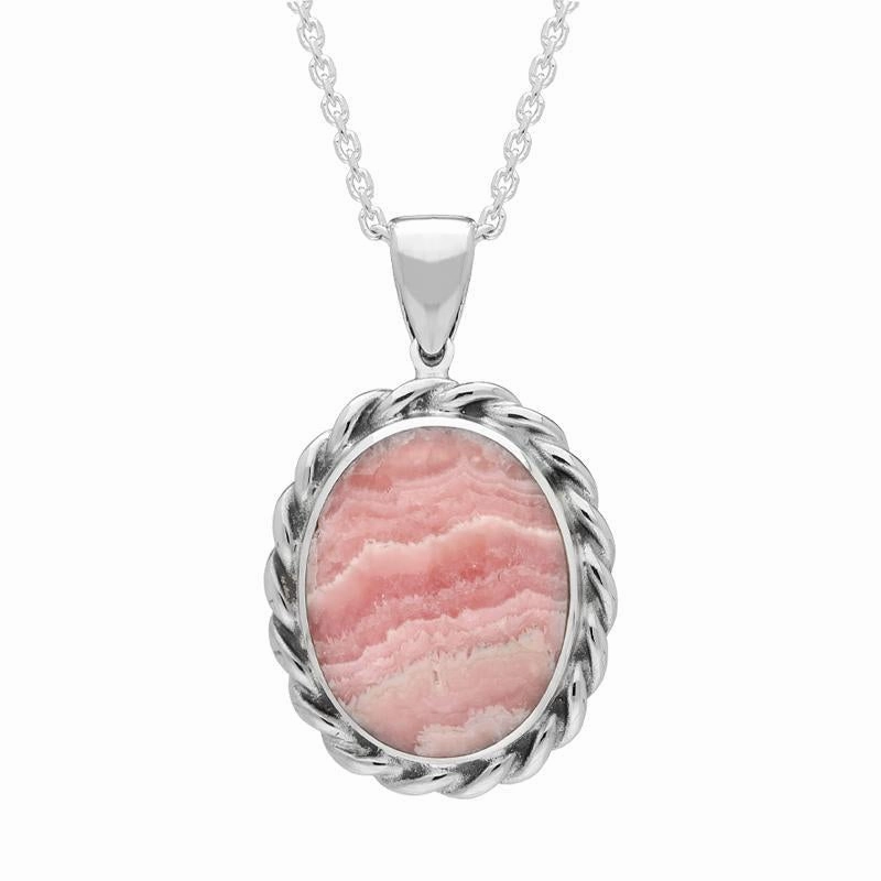 Sterling Silver Rhodochrosite Heavy Rope Oval Necklace