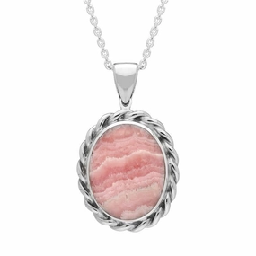 Sterling Silver Rhodochrosite Heavy Rope Oval Necklace