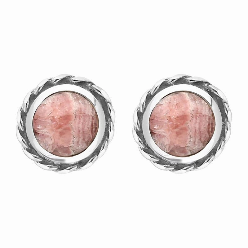 Sterling Silver Rhodochrosite Round Twist Edge Stud Earrings