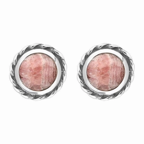 Sterling Silver Rhodochrosite Round Twist Edge Stud Earrings
