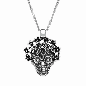 Sterling Silver Skull and Flower Necklace