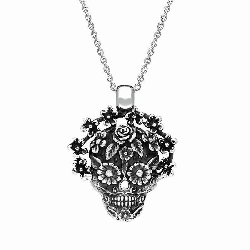 Sterling Silver Skull and Flower Necklace