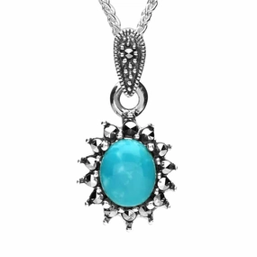 Sterling Silver Turquoise Marcasite Oval Bead Edge Necklace