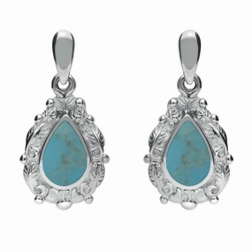 Sterling Silver Turquoise Pear Shaped Leaf Drop Earrings