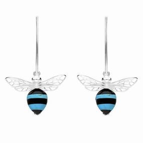 Sterling Silver Turquoise Whitby Jet Bee Small Hook Earrings